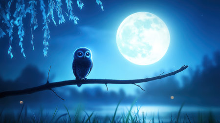A captivating owl perches on a branch, illuminated by the soft glow of a full moon against a tranquil night sky. The serene atmosphere creates a magical, enchanting scene ideal for nature lovers and fantasy enthusiasts.の素材