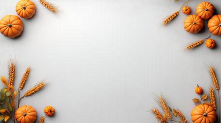 This captivating autumn scene features a collection of vibrant orange pumpkins and golden wheat arranged gracefully on a soft gray background, ideal for fall-themed projects.の素材