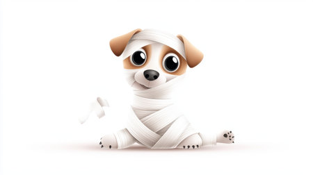 This delightful cartoon dog is humorously wrapped in white bandages, reflecting a playful spirit and joy. Perfect for various design projects.の素材