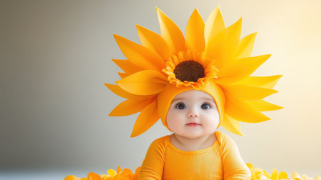 This charming image captures an adorable baby adorned with a vibrant sunflower hat, radiating joy and innocence, perfect for spring-themed projects.の素材