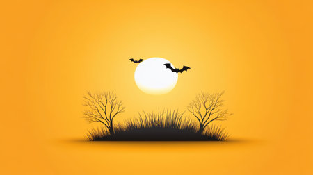 Capture the essence of Halloween with this striking illustration featuring silhouetted trees and flying bats against a vibrant orange sunset.の素材