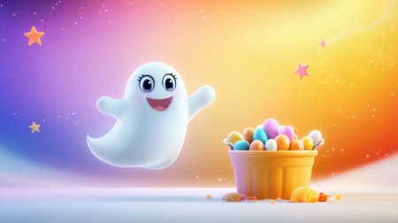 A delightful cartoon ghost joyfully celebrates Easter, surrounded by a bucket filled with colorful eggs against a vibrant, cheerful backdrop.の素材