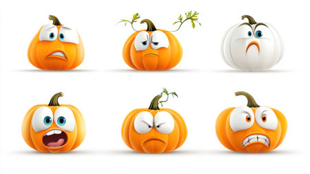 This image features six cartoon pumpkins with different facial expressions set against a white background, perfect for Halloween and fall-themed projects.の素材