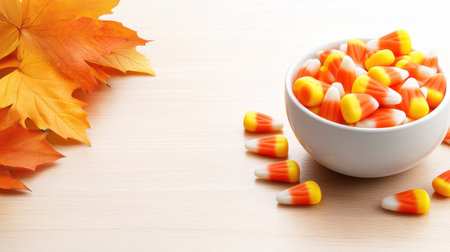 A delightful arrangement featuring a bowl filled with colorful candy corn nestled among vibrant autumn leaves on a wooden surface, perfect for seasonal celebrations.の素材