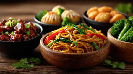 A stunning arrangement of Asian dishes featuring flavorful noodles, vibrant vegetables, dumplings, and sauces on a rustic wooden table, perfect for food enthusiasts.の素材