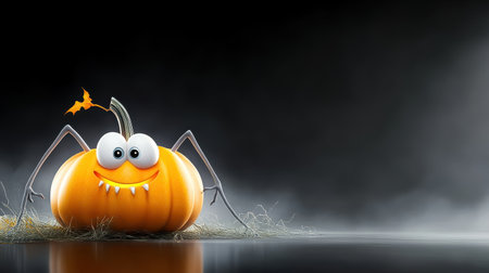 A whimsical pumpkin character with spider legs, showcasing a charming smile in a spooky atmosphere. Perfect for Halloween-themed decorations and festivities.の素材