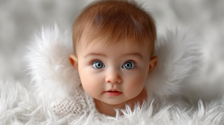 Captured in a serene moment, this adorable baby with captivating blue eyes rests on a soft, fluffy surface, radiating innocence and joy. Perfect for family-centered themes.の素材
