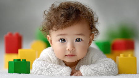 A charming baby with curly hair lies on a soft surface, engaging with bright building blocks in an inviting indoor space, radiating joy and curiosity.の素材
