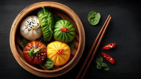 A stunning assortment of colorful steamed dumplings arranged artistically in a bamboo steamer, garnished with fresh herbs and chili, showcasing culinary creativity.の素材