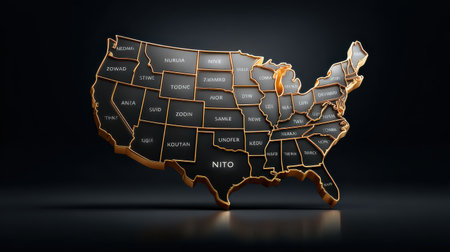 Stunning 3D representation of the United States map featuring golden outlines of each state. Perfect for educational, artistic, or commercial use.の素材