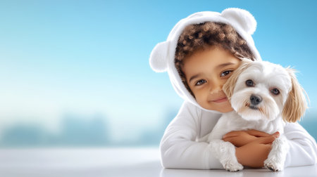 A joyful young child wearing a cozy polar bear hoodie hugs a small white dog, capturing a moment of love and friendship against a tranquil background.の素材
