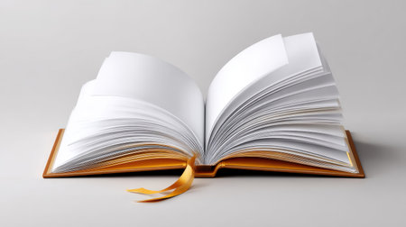 This image features an open blank book with a golden ribbon, showcasing empty pages on a neutral gray background, ideal for creative projects and educational themes.の素材