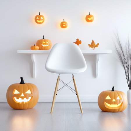 A cozy home setting featuring carved Halloween pumpkins, autumn leaves, and a modern chair, creating a festive and inviting atmosphere for the season.の素材