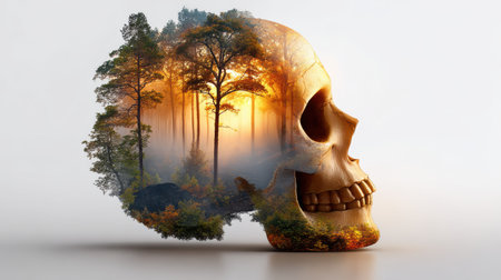 Unique artistic image featuring a skull blended with a serene forest landscape and sunset, symbolizing the cycle of life and nature's beauty.の素材