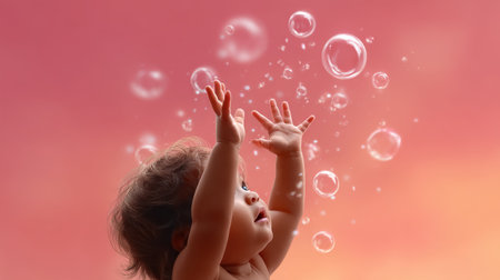 A delightful image capturing a curious baby reaching for floating bubbles against a soft pink background. This scene evokes feelings of joy, innocence, and exploration, perfect for highlighting the beauty of childhood moments and playful interactions.の素材
