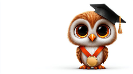 Adorable cartoon owl wearing a graduation cap and a medal, showcasing achievement and educational success in a fun and imaginative way.の素材