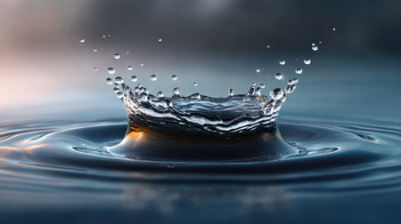 Captivating image of a water splash, capturing droplets and ripples creating dynamic patterns on a surface, set against a serene backdrop.の素材