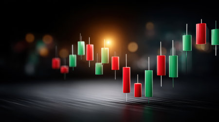 Dynamic financial chart features colorful green and red candlesticks symbolizing market trends. Ideal for presentations in investment and trading fields.の素材
