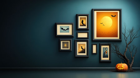 A captivating Halloween scene featuring a collection of framed art and a carved pumpkin on a dark blue wall, creating a spooky ambiance perfect for the season.の素材