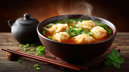 This image showcases a steaming bowl of dumpling soup, garnished with fresh herbs and green onions. A traditional teapot adds to the inviting scene.の素材