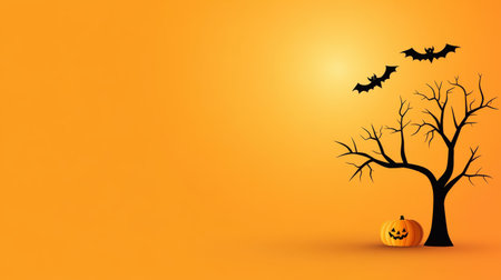 A vibrant Halloween scene features a silhouette tree and a carved pumpkin surrounded by black bats on a bright orange background, creating a festive mood.の素材
