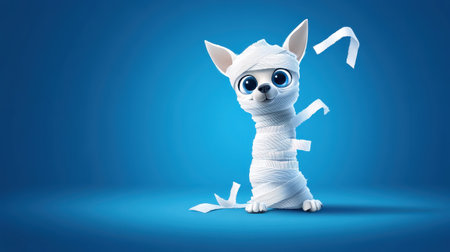 This charming cartoon dog wrapped in bandages captures a sense of playfulness and creativity, perfect for conveying themes of healing and friendship in a vibrant setting.の素材