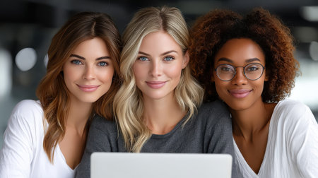 Three diverse women sit closely together, smiling warmly at the camera while posing with a laptop in a trendy indoor space. Their casual attire reflects comfort and style, showcasing a strong bond of friendship and teamwork.の素材