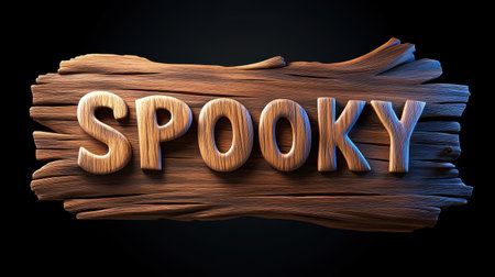This vibrant wooden text design features the word "Spooky," perfect for Halloween decorations. The 3D effect and dark background enhance its festive appeal.の素材