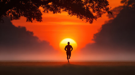 A captivating image featuring a silhouette of a runner jogging at sunrise, surrounded by warm colors and tranquil atmosphere, emphasizing energy and motivation.の素材