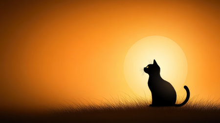 A captivating silhouette of a cat gently perched in front of a vibrant sunset, showcasing a symphony of warm orange and yellow hues against a serene landscape.の素材