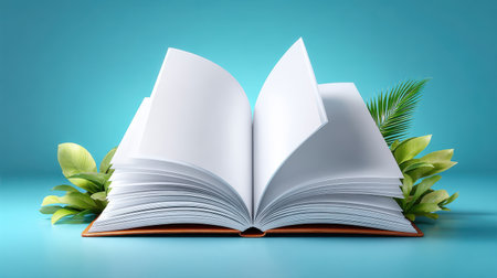 A visually striking open book rests on a vibrant turquoise background, flanked by fresh green leaves. This image evokes themes of education, creativity, and inspiration.の素材