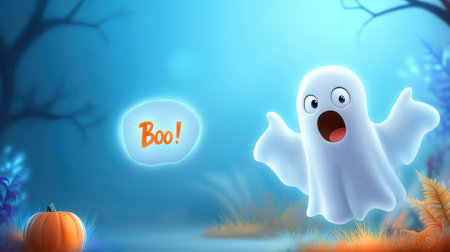 This adorable cartoon ghost, exclaiming "Boo!", pops against a vibrant Halloween background with a pumpkin. Perfect for seasonal decorations or themed events.の素材