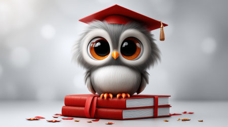 This delightful image features a cute cartoon owl wearing a graduation cap perched atop a stack of red books, symbolizing education and achievement.の素材