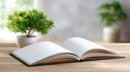 A serene scene featuring an open book with blank pages placed on a wooden table beside a potted plant, creating an inviting atmosphere for creativity and reflection.の素材