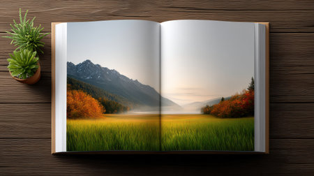 This captivating image features an open book displaying a stunning landscape with mountains, vibrant grass, and tranquil waters at dawn, evoking a sense of peace and adventure.の素材