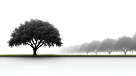 A stunning black and white landscape featuring a solitary oak tree against a misty horizon. This image evokes feelings of tranquility and calmness, ideal for serene projects.の素材