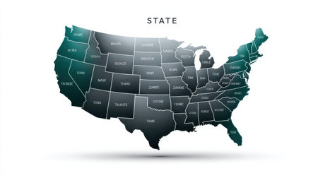 A modern and clean illustration of the United States map showcasing state boundaries and names, perfect for educational, decorative, or informative purposes.の素材