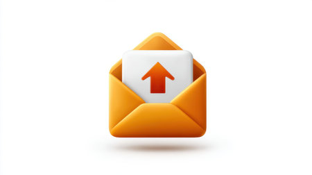 This vibrant graphic features an orange envelope with an upward arrow, symbolizing the idea of sending messages and digital communication in a modern context.の素材
