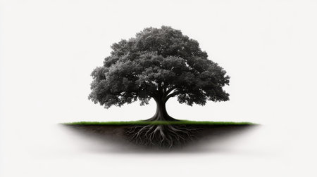 This captivating image showcases a majestic tree with its roots exposed, set against a clean white background. It symbolizes strength and growth in nature.の素材