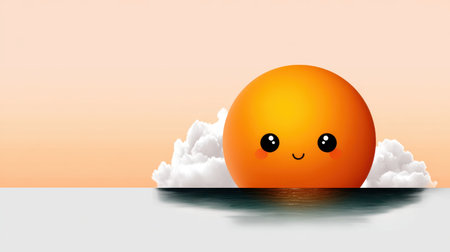 This illustration features a cheerful cartoon sun rising over a calm ocean, surrounded by soft clouds and a beautiful pastel sky, radiating warmth and joy.の素材