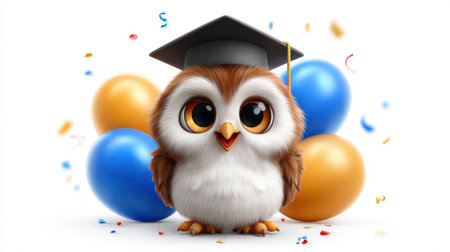 A delightful cartoon owl wearing a graduation cap stands proudly amidst colorful balloons and confetti, symbolizing achievement and celebration. Perfect for education-themed projects.の素材