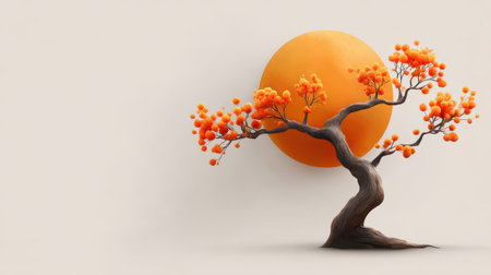 This stunning artwork showcases a vibrant tree adorned with orange fruits, set against a bright circular sun in a minimalist style, symbolizing beauty and creativity.の素材