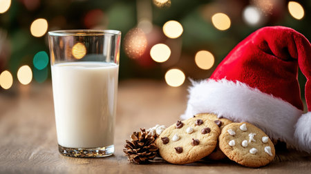 A festive arrangement with Christmas cookies, a glass of milk, and a Santa hat in the background, creating a cozy holiday scene.の素材