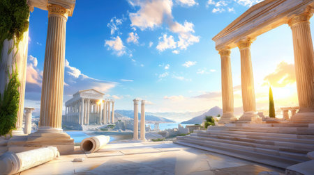 A majestic view of ancient Roman ruins, with fallen columns and marble structures scattered across the landscape.の素材