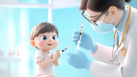 A young child receiving a vaccine from a pediatrician, with the doctor offering comforting words and reassurance.の素材