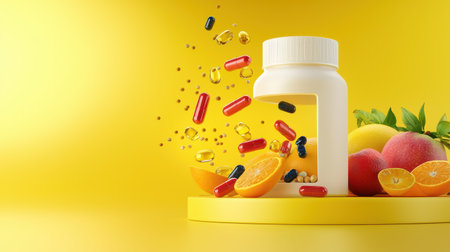 A supplement bottle with vitamins spilling out next to fresh fruits, representing the balance of supplements and natural foods.の素材