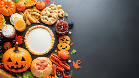 A vibrant autumn harvest scene featuring pumpkins, delicious pies, colorful candies, and festive decorations perfect for a Halloween celebration.の素材