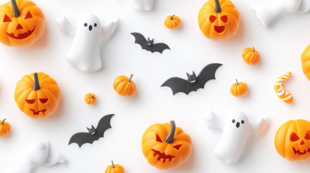 Discover a playful Halloween flat lay featuring cheerful pumpkins, friendly ghosts, and whimsical bats. Ideal for seasonal decoration and festive spirit.の素材