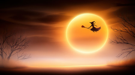 This captivating illustration features a witch flying on a broomstick against a large orange full moon. The dark sky and silhouetted trees create an atmospheric and enchanting scene perfect for seasonal themes.の素材