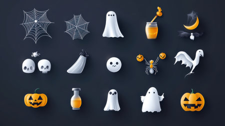 This design features an array of Halloween-themed icons such as friendly ghosts, spooky pumpkins, and playful spiders, perfect for festive decorations and designs.の素材